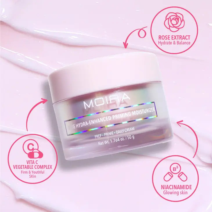 Primer Rostro MOIRA Rose Hydra-Enhanced Priming Moisturizer es una base con beneficios humectantes para una aplicación de maquillaje suave.